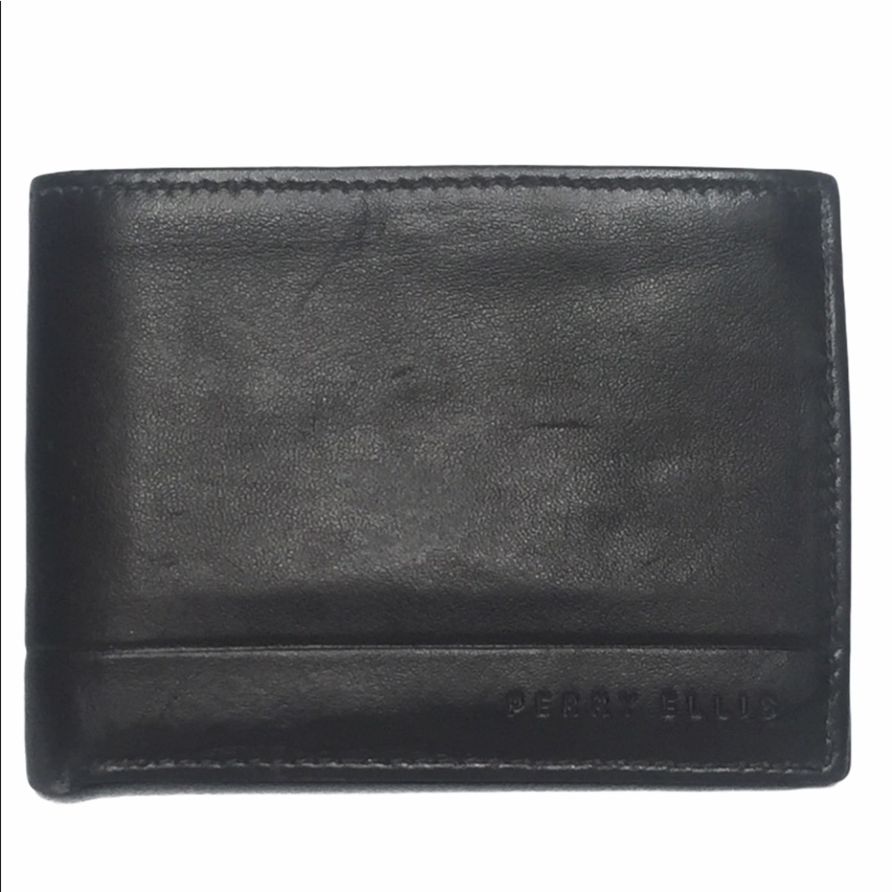PERRY ELLIS Portfolio Bifold Wallet Genuine Leather Black